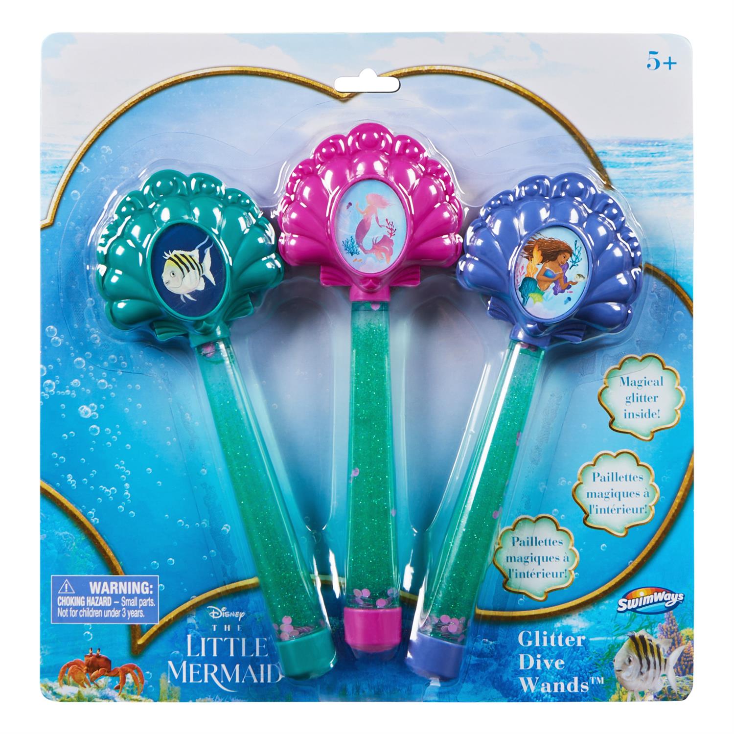 Three glitter Ariel dive wands in packaging with Disney branding on a blue background
