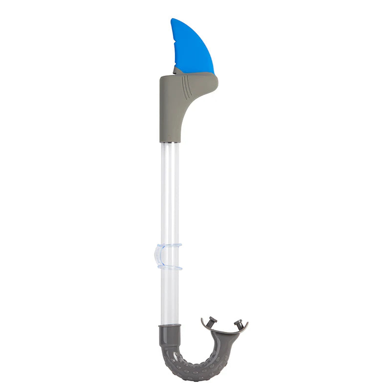 A clear and gray children snorkel with a blue shark fin on top.