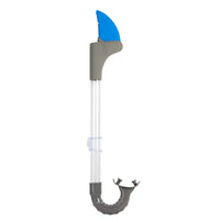 A clear and gray children snorkel with a blue shark fin on top.