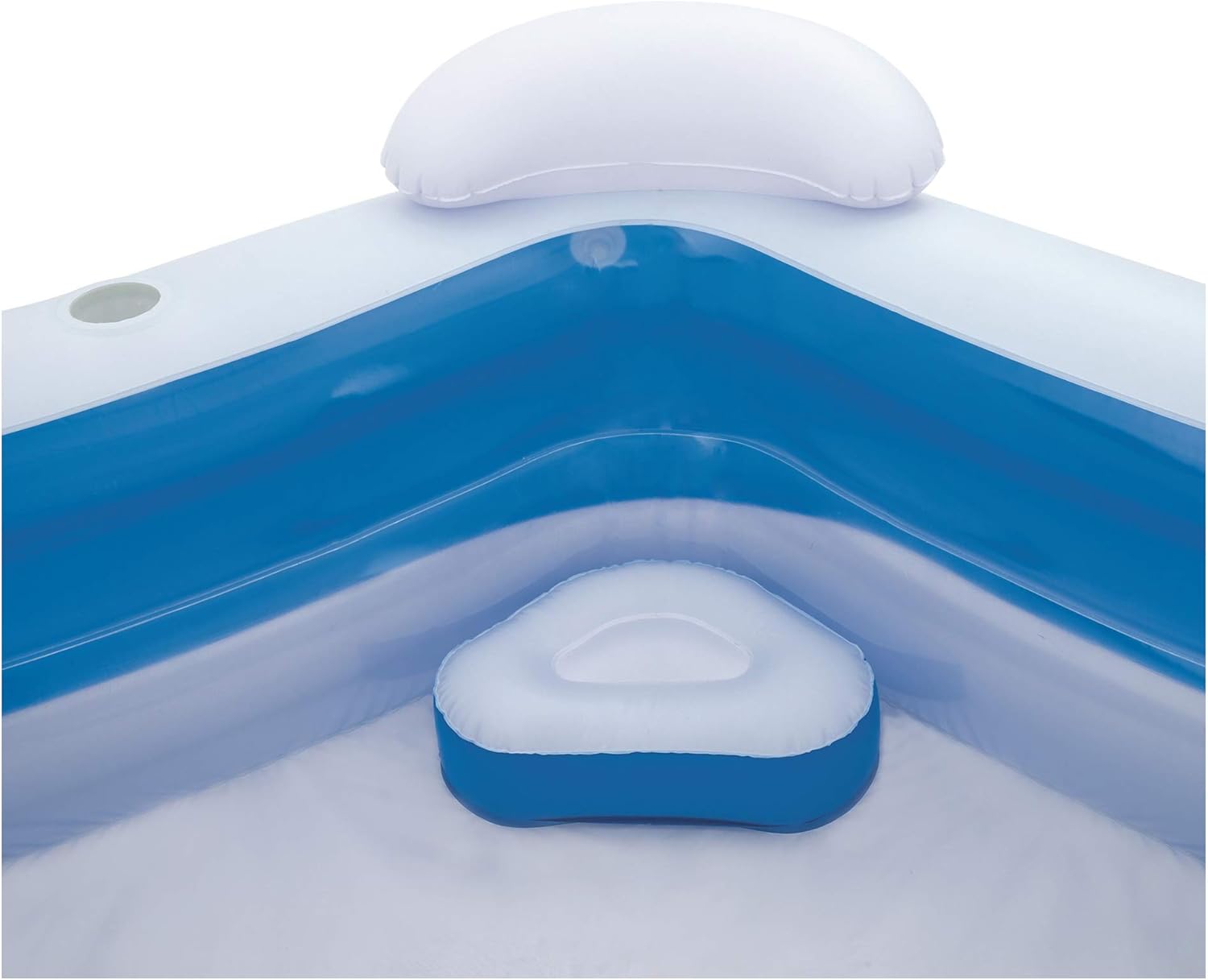 Close up of a blue and white inflatable pool's inner seat and headrest with cupholder.