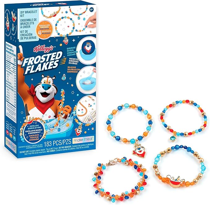 Make It Real: Kellogg's Cearlsly Cute - Frosted Flakes - DIY Bracelet Kit, 183 pcs, Tony The Tiger Charms, Create 4 Cereal Themed Bracelets, Tweens, Girls & Kids Ages 8+