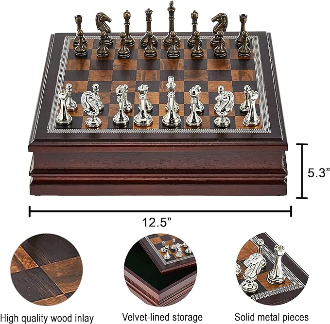 Deluxe Metal Chess with Wood Board