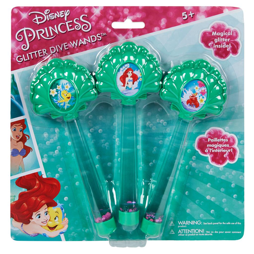 Disney Princess Glitter Dive Wands packaging with green wands and character images on a pink and teal background.