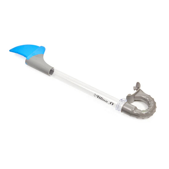 A clear and gray children snorkel with a blue shark fin on top.