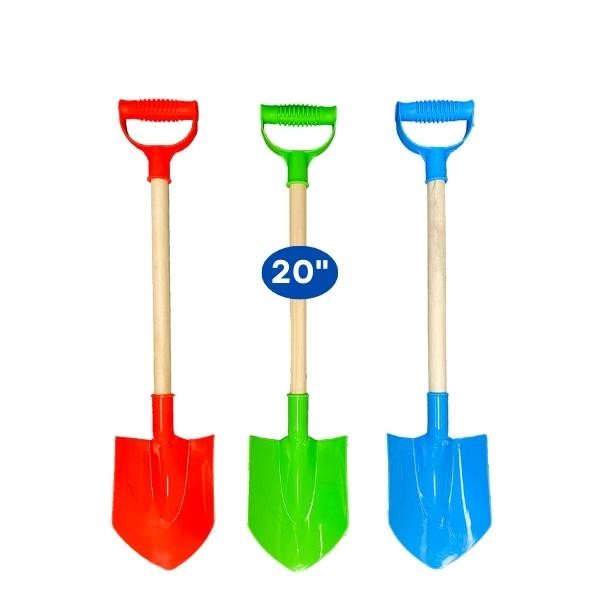 Three colorful shovels with red, green, and blue handles. Sold Individually.