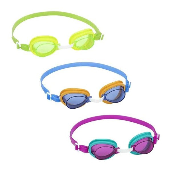 Three colorful kid's swim goggles.