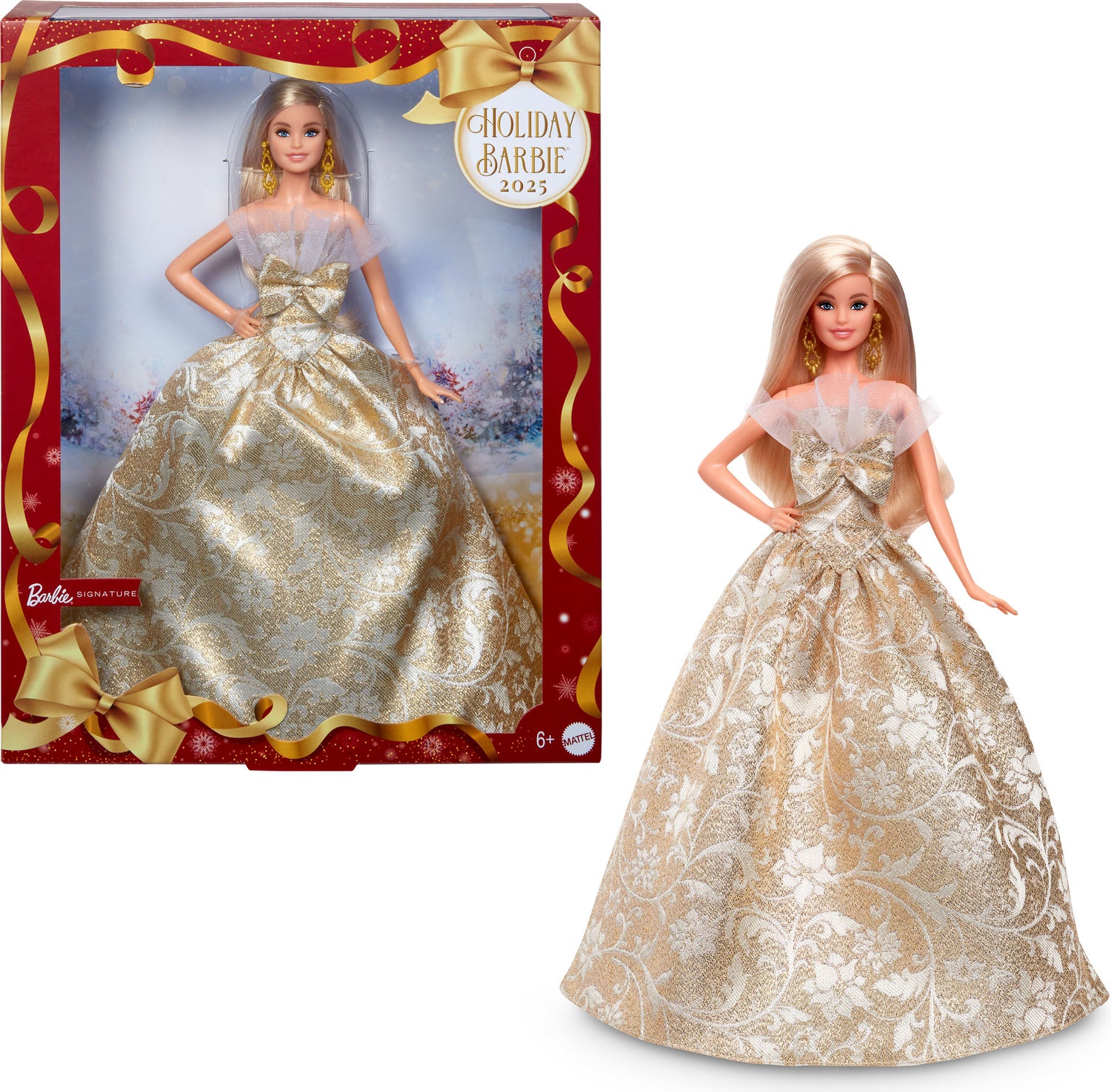 Barbie Signature 2025 Holiday Fashion Doll, Seasonal Collector, Blonde with Silver & Gold Gown