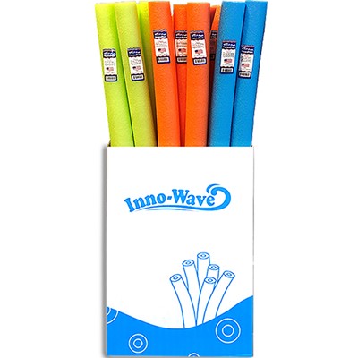 A blue and white box containing an assortment of lime green, neon orange, and bright blue pool noodles.