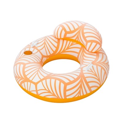 Inflatable pool ring with orange and white floral leaf pattern.