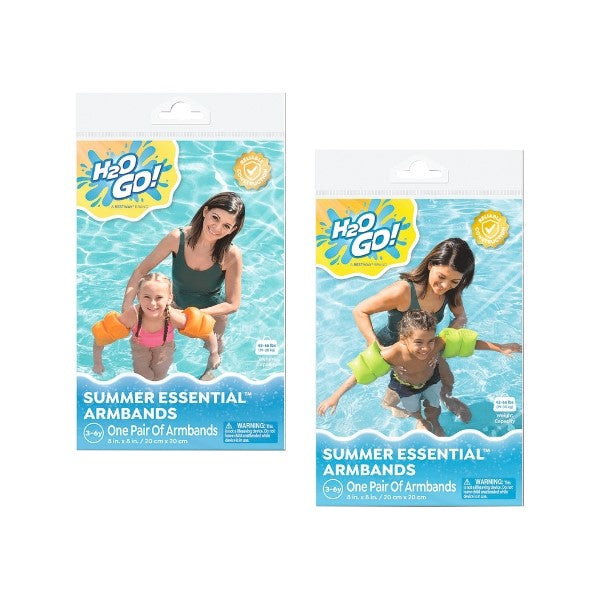 Two packages of H2O GO! summer essential armbands with images of children using them in water. Sold individually.