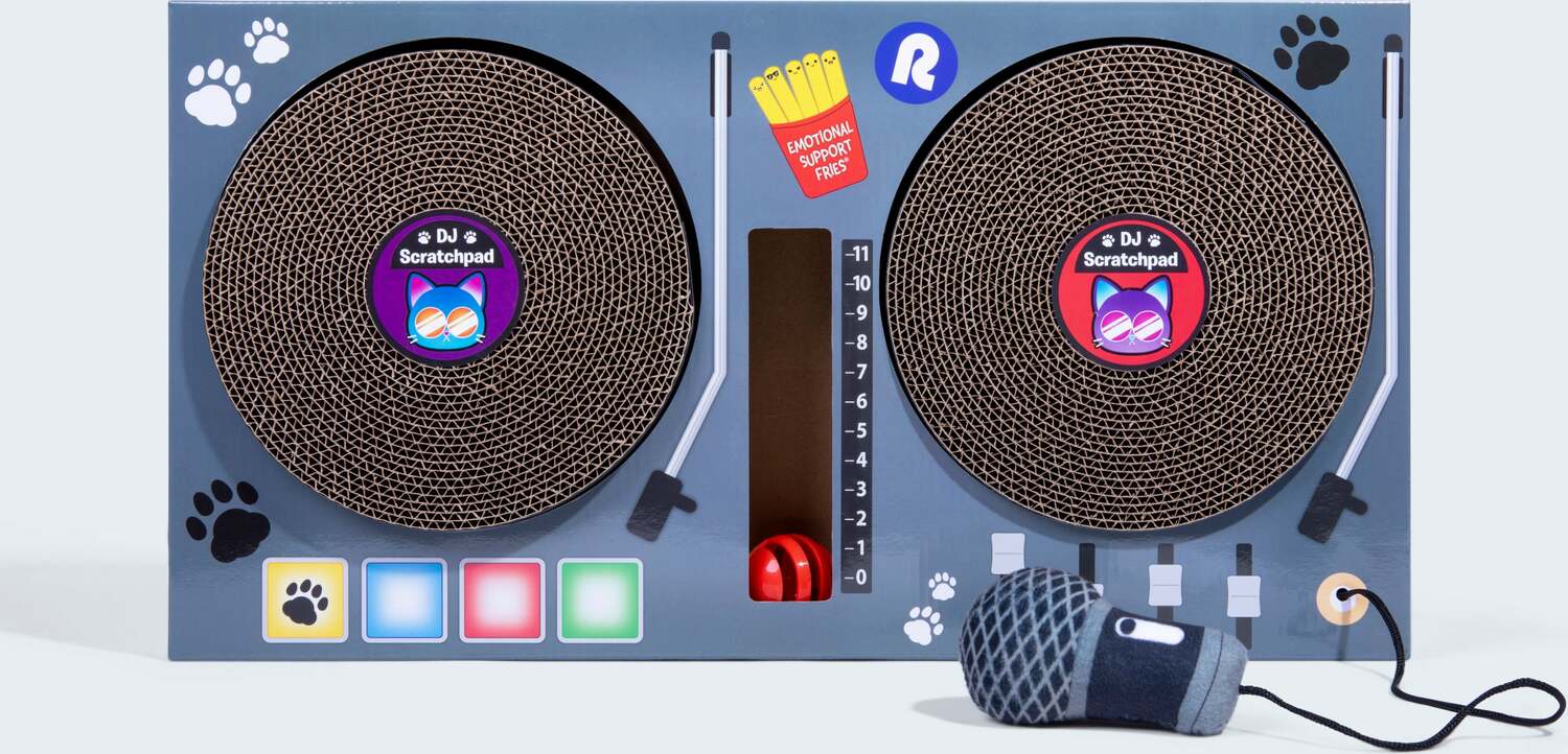 DJ Scratchpad by Relatable, Includes Box With 2 Scratch Wheels, 1 Plastic Ball With Bell, And Attached Microphone Plush