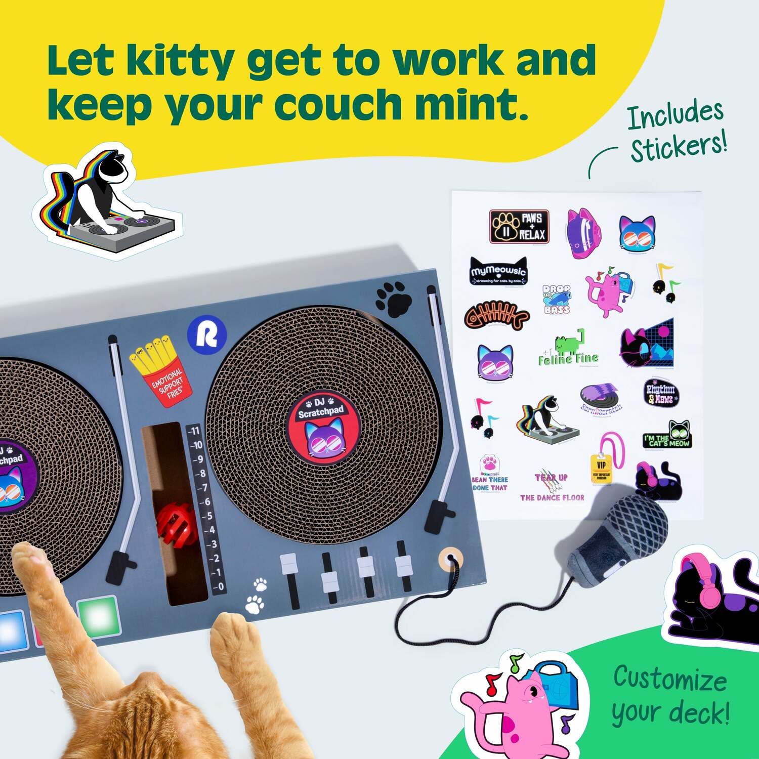 DJ Scratchpad by Relatable, Includes Box With 2 Scratch Wheels, 1 Plastic Ball With Bell, And Attached Microphone Plush